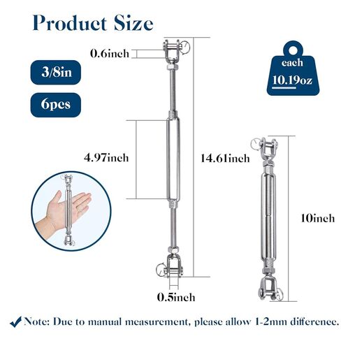 Jaw & Jaw Turnbuckle, Sunxer Tool Turnbuckles 304 Stainless Steel Heavy Duty Adjustable Tensioner for Cable Tensioning Shade Sails Tractor 1100 lbs Load (1/2" (M12)-2pcs) in Kuwait