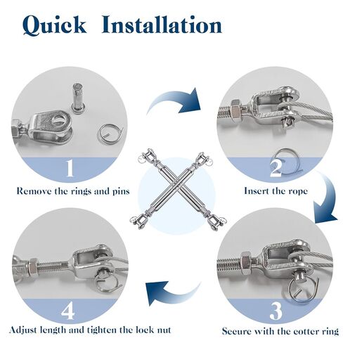 Jaw & Jaw Turnbuckle, Sunxer Tool Turnbuckles 304 Stainless Steel Heavy Duty Adjustable Tensioner for Cable Tensioning Shade Sails Tractor 1100 lbs Load (1/2" (M12)-2pcs) in Kuwait