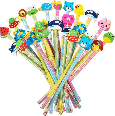 DIYASY 50 Pcs Cute Pencils with Eraser Toppers, Cartoon Animal Wood Pencil Bulk Party Favor Supplies Classroom Rewards Prizes Stationery for Kids in Kuwait