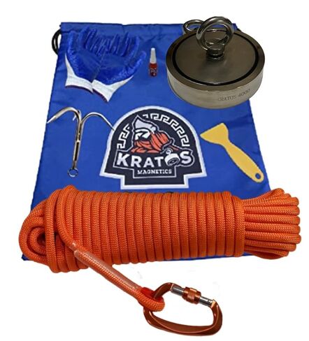4,000 Pounds Combined Pull-Force - The 4000 Double Sided Classic Magnet Fishing Kit - Gloves, Rope, 1 Carabiner, Hook, Bag, Threadlocker, Scraper, and a Magnet in Saudi Arabia