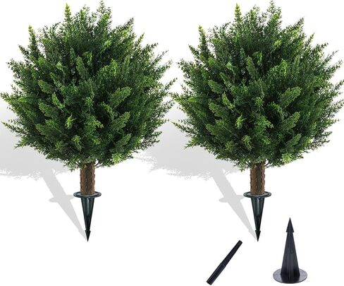 22" Artificial Boxwood Topiary Outdoor Plants with Spike, 2 Pack Faux Bushes UV Resistant Fake Shrubs for Front Porch Décor in Kuwait