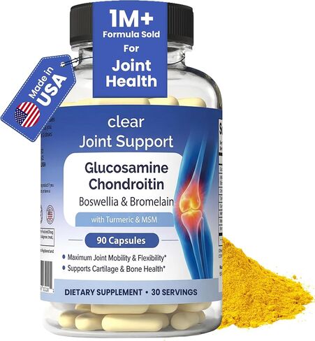 Clear Joint Support - Glucosamine Chondroitin MSM with Turmeric & Boswellia | 8-in-1 Formula | 90 Capsules (30-Day Supply) | Supports Knee, Hip & Back Health | Made in USA in Kuwait