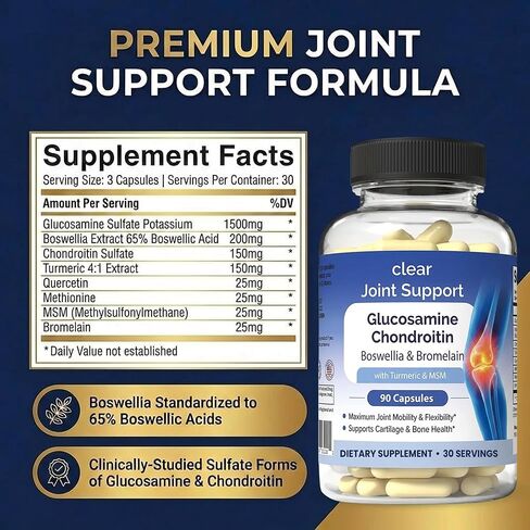 Clear Joint Support - Glucosamine Chondroitin MSM with Turmeric & Boswellia | 8-in-1 Formula | 90 Capsules (30-Day Supply) | Supports Knee, Hip & Back Health | Made in USA in Kuwait