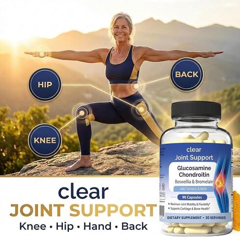 Clear Joint Support - Glucosamine Chondroitin MSM with Turmeric & Boswellia | 8-in-1 Formula | 90 Capsules (30-Day Supply) | Supports Knee, Hip & Back Health | Made in USA in Kuwait