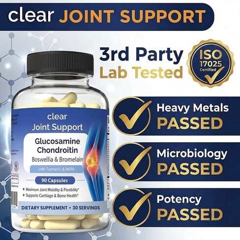 Clear Joint Support - Glucosamine Chondroitin MSM with Turmeric & Boswellia | 8-in-1 Formula | 90 Capsules (30-Day Supply) | Supports Knee, Hip & Back Health | Made in USA in Kuwait