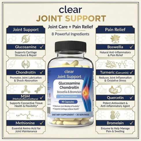 Clear Joint Support - Glucosamine Chondroitin MSM with Turmeric & Boswellia | 8-in-1 Formula | 90 Capsules (30-Day Supply) | Supports Knee, Hip & Back Health | Made in USA in Kuwait
