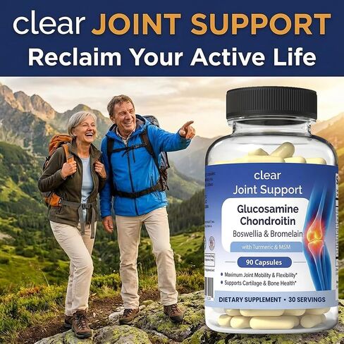Clear Joint Support - Glucosamine Chondroitin MSM with Turmeric & Boswellia | 8-in-1 Formula | 90 Capsules (30-Day Supply) | Supports Knee, Hip & Back Health | Made in USA in Kuwait