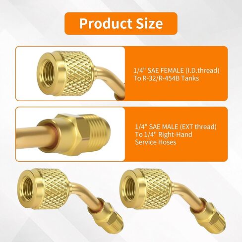 مجموعة محولات شحن HVAC نحاسية مكونة من 3 قطع - تركيبات مبرد A2L مستقيمة 45 درجة، خزانات R-32 R-454B LH وخراطيم خدمة RH، موصلات مضيئة 1/4 بوصة من اليد اليسرى إلى 1/4 بوصة من الذكور اليمنى in Kuwait