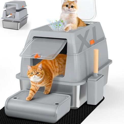 صندوق القمامة الفولاذ المقاوم للصدأ Szee ، مخرج XL Top Top Cat Metal Cat Box with Lid & Teprosure ، والتحكم في رائحة الفحم المنشط ، ولوحة القدم ، وحصيرة محاصرة ومغرفة (رمادي) in Kuwait