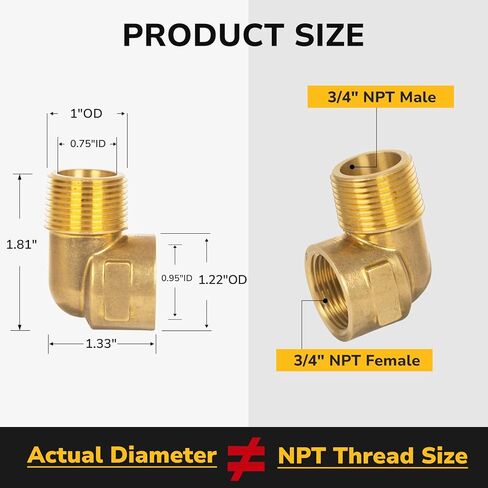 90 Degree Elbow, 3/4" NPT Male × 3/4" NPT Female Brass Pipe Fitting, Street Elbow Adapter for Propane, Oil, Gas, Air Flow Systems, Corrosion Resistant, 1200 PSI Rated, 1 Pack in Kuwait