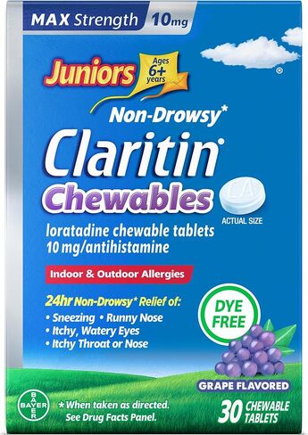 Juniors Claritin Max Strength 10mg Chewables, One Dose for 24-Hour Non-Drowsy Allergy Relief, Children's Allergy Medicine, Kids Chewable Allergy Medicine, Ages 6+, Grape Flavored, 30 Chewable Tablets in Kuwait