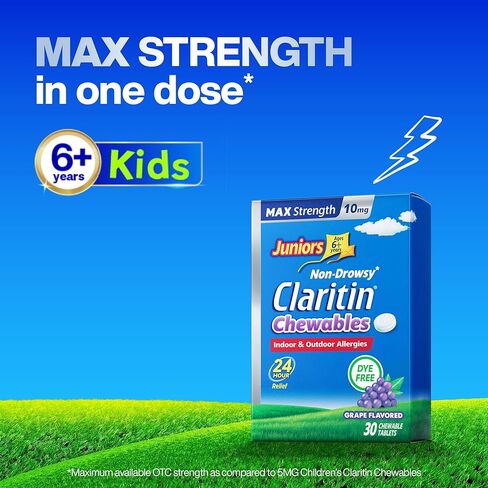 Juniors Claritin Max Strength 10mg Chewables, One Dose for 24-Hour Non-Drowsy Allergy Relief, Children's Allergy Medicine, Kids Chewable Allergy Medicine, Ages 6+, Grape Flavored, 30 Chewable Tablets in Kuwait