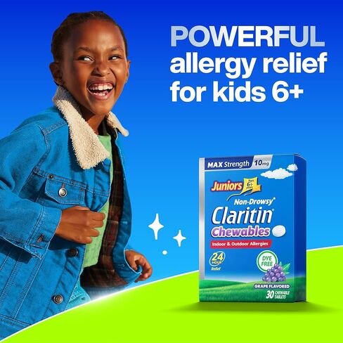 Juniors Claritin Max Strength 10mg Chewables, One Dose for 24-Hour Non-Drowsy Allergy Relief, Children's Allergy Medicine, Kids Chewable Allergy Medicine, Ages 6+, Grape Flavored, 30 Chewable Tablets in Kuwait