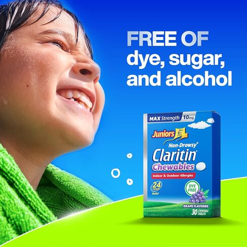 Juniors Claritin Max Strength 10mg Chewables, One Dose for 24-Hour Non-Drowsy Allergy Relief, Children's Allergy Medicine, Kids Chewable Allergy Medicine, Ages 6+, Grape Flavored, 30 Chewable Tablets in Kuwait