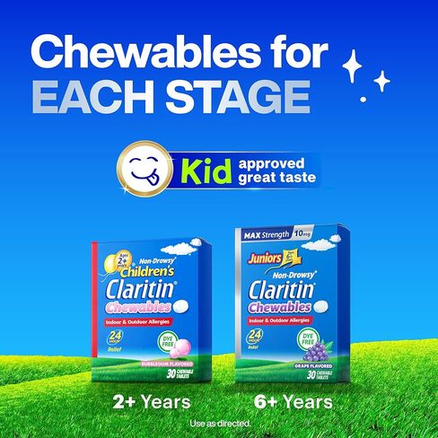 Juniors Claritin Max Strength 10mg Chewables, One Dose for 24-Hour Non-Drowsy Allergy Relief, Children's Allergy Medicine, Kids Chewable Allergy Medicine, Ages 6+, Grape Flavored, 30 Chewable Tablets in Kuwait