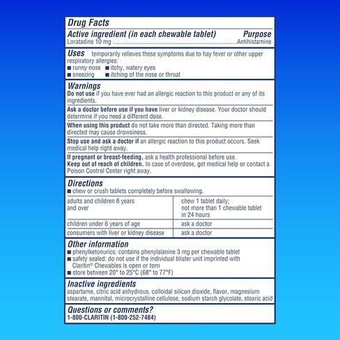 Juniors Claritin Max Strength 10mg Chewables, One Dose for 24-Hour Non-Drowsy Allergy Relief, Children's Allergy Medicine, Kids Chewable Allergy Medicine, Ages 6+, Grape Flavored, 30 Chewable Tablets in Kuwait