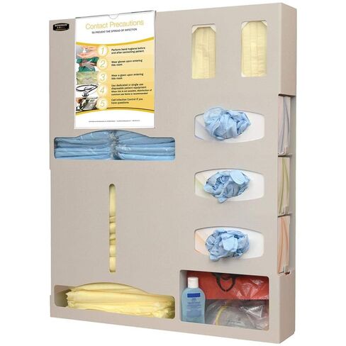 Protective Wear Isolation Bundle Holds Gowns, Coveralls, Gloves, Masks, and misc Items Wall Mount or on a Bowman® Hanger 8.5"x11" Signage Included Dims: 5.08"L x 25.15"W x 30.98"H in Kuwait