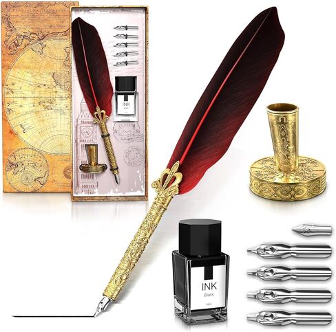 Feather Pen and Ink Set - Feather Quill Pen and Ink Set Dip Pen Antique Feather Pen Signature Pens for Signing Feather Pen Set Calligraphy Set - Pens for Signing Feather Pen Set Calligraphy Pen in Kuwait
