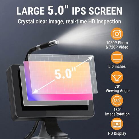 360° Articulating Borescope Camera, 6.2mm Borescope Endoscope with 5" IPS Screen, 1080P HD, 4.9FT Gooseneck Cable, IP67 Waterproof Snake Cameras with 6 Lights for Automotive, Plumbing in Saudi Arabia