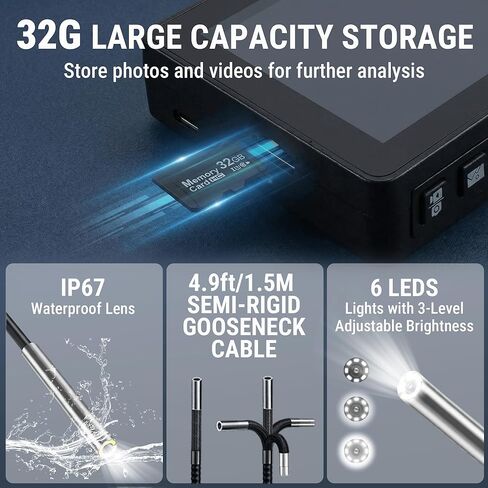 360° Articulating Borescope Camera, 6.2mm Borescope Endoscope with 5" IPS Screen, 1080P HD, 4.9FT Gooseneck Cable, IP67 Waterproof Snake Cameras with 6 Lights for Automotive, Plumbing in Saudi Arabia
