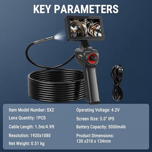 360° Articulating Borescope Camera, 6.2mm Borescope Endoscope with 5" IPS Screen, 1080P HD, 4.9FT Gooseneck Cable, IP67 Waterproof Snake Cameras with 6 Lights for Automotive, Plumbing in Saudi Arabia