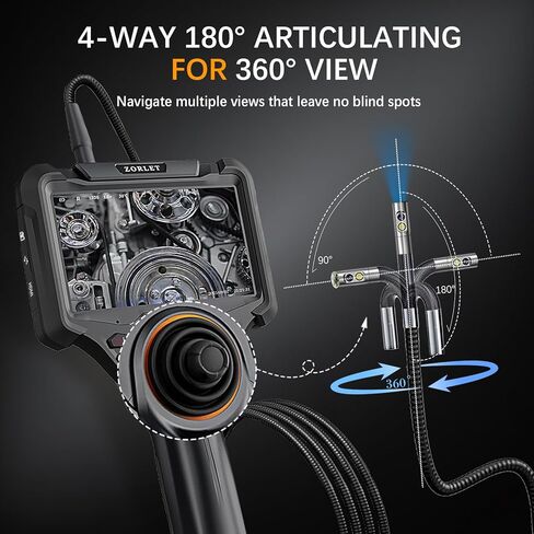 Dual Lens 360° Articulating Borescope with Light, 5'' HD Monitor 4-Way Joystick Inspection Camera, 0.25in Slim Probe 5.0FT Semi-Rigid Snake Industrial Endoscope Camera for Automotive Mechanics in Kuwait