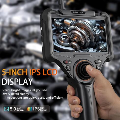 Dual Lens 360° Articulating Borescope with Light, 5'' HD Monitor 4-Way Joystick Inspection Camera, 0.25in Slim Probe 5.0FT Semi-Rigid Snake Industrial Endoscope Camera for Automotive Mechanics in Kuwait