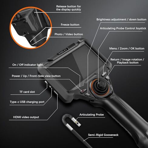 Dual Lens 360° Articulating Borescope with Light, 5'' HD Monitor 4-Way Joystick Inspection Camera, 0.25in Slim Probe 5.0FT Semi-Rigid Snake Industrial Endoscope Camera for Automotive Mechanics in Kuwait