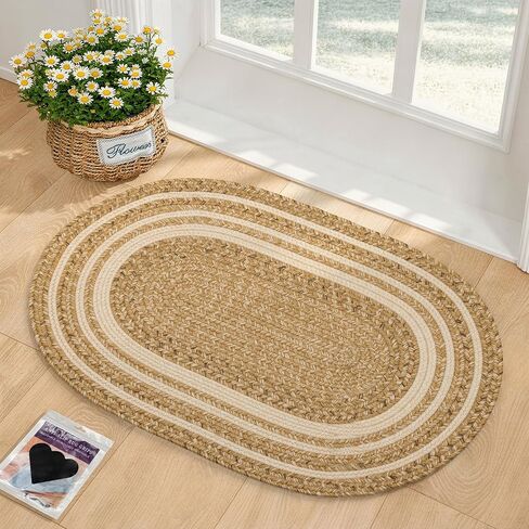 Oval Braided Rug 2'x3' with Anti-Slip Tapes, Polypropylene Waterproof Entry Mat, Indoor/Outdoor Mats for Front/Back Door, Kitchen Farmhouse Washable Rugs, Brown/Grey Rope Rug in Saudi Arabia