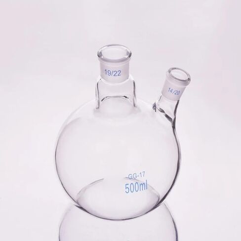 Double neck flask with flat bottom, oblique shape, with two necks, standard grinding nozzle 25ml, 50ml, 100ml, 250ml, 500ml, middle 19/22, side 14/20(250mL) in Kuwait