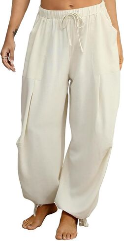 Women Linen Harem Pants Summer Drawstring Casual Lounge Baggy Pant Beach Travel Vacation Trousers with Pockets in Kuwait