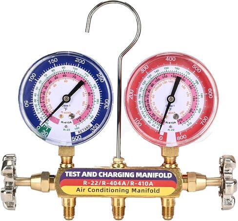 2025 Upgrade 42004 Test and Charging Manifold with 3-1/8" (80 mm) Color-Coded Gauges, 1/4“ to 1/4" Standard Flare Fitting, 60",HVAC Gauges with Hoses, R-22/404A/410A, Yellow/Red/Blue in Kuwait