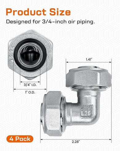 (4 قطع) تركيبات أنابيب هواء الكوع 3/4 بوصة، طقم نظام الهواء السريع للكوع، 200 رطل لكل بوصة مربعة مانعة للتسرب مع حلقة دائرية مزدوجة لمجموعة نظام أنابيب الهواء المضغوط في المرآب in Kuwait