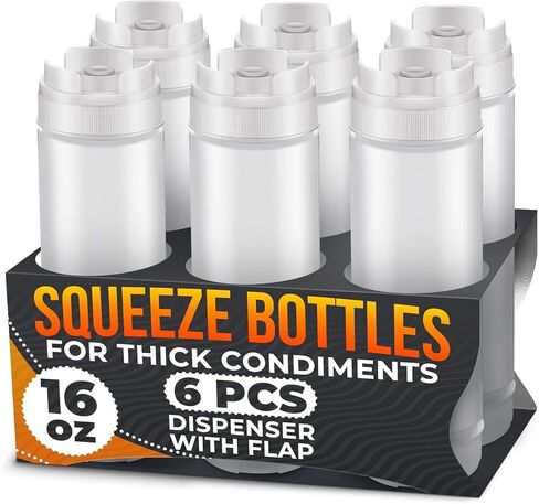 Set of 6 Condiment Squeeze Bottles for Sauces 16 oz – Easy-to-Fill Clear Bottles with Self-Closing Valve | Ready-to-Dispense for Dressings, Ketchup, Mustard & More, Durable, Reusable, Mess-Free Design in Kuwait
