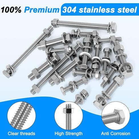 (10sets) 1/4-20x3 1/2" Hex Head Screw Bolt,Lock Nuts,Flat & Lock Washers Kits,304 Stainless Steel 18-8 Hex Screws Nuts and Bolts Assortment Kit, Fully Threaded in Saudi Arabia