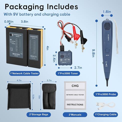 Pro3000 Tone Generator and Probe Kit Bundle with Network Cable Tester, Toner Electrical Tool, Ethernet Tester Tool for RJ45 Cat5/Cat5e/Cat6/Cat6a/Cat7 UTP/Shielded Cable, RJ11 & RJ12 in Kuwait
