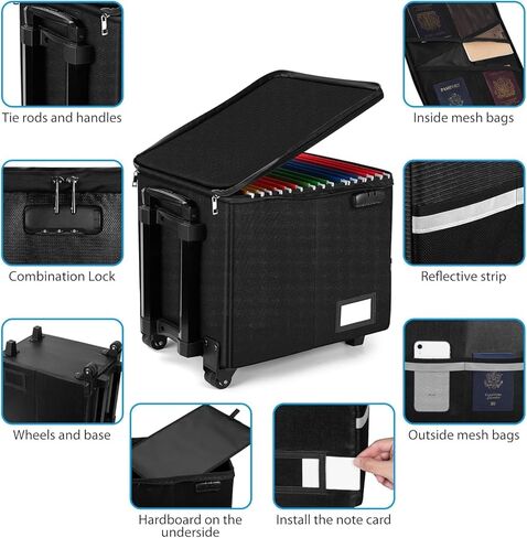 Fireproof File Box with Wheels and Telescopic Handle, Foldable Utility Cart Folding Portable Rolling Crate, Fireproof Document Organizer File Cabinet for Travel Office Use in Kuwait