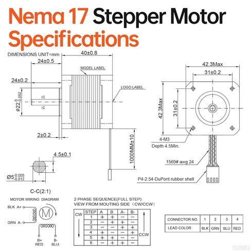 Nema 17 Stepper Motor 1.8‌°‌ 2 Phase High Torque 0.41Nm(58.06oz·in) Bipolar 42x40mm 1.5A 2.0Ω 4-Wire Shaft 24mm φ5mm 42 Stepper Motor Cable 1M for 3D Printer DIY Robot CNC Machine in Kuwait