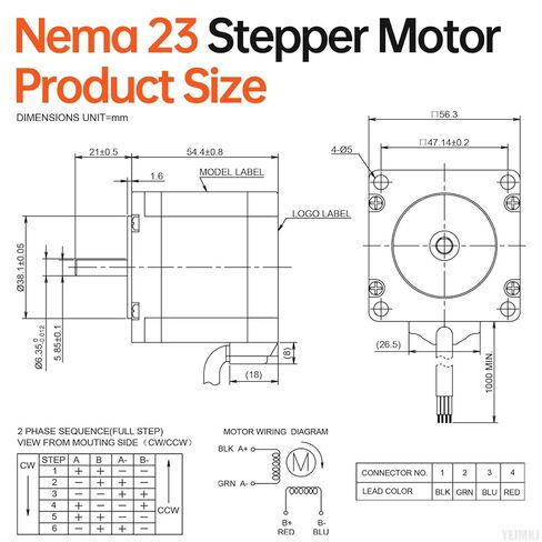 Nema 23 Stepper Motor 2 Phase 1.8‌°‌ 1.3Nm(184.1oz·in) High Torque Bipolar 55mm 4.2A 0.5Ω 4-Wire Shaft 21mm φ6.35mm 57 Stepper Motor Cable 1M for CNC Mill Lathe 3D Printer DIY Robot. in Kuwait
