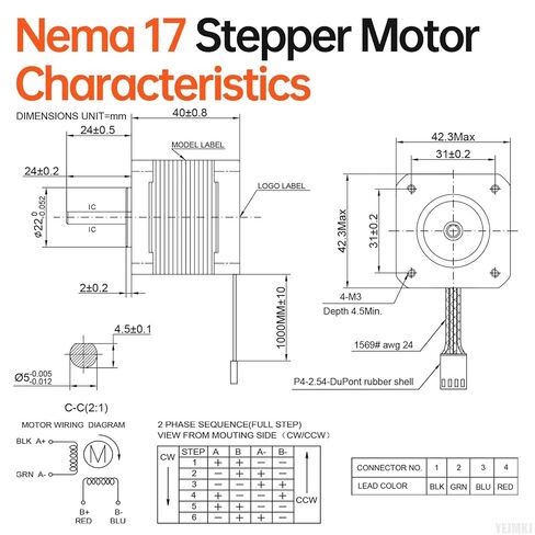3Pack Nema 17 Stepper Motor 2 Phase 1.8‌°‌ 0.41Nm(58.06oz·in) High Torque Bipolar 40mm 2.0Ω 1.5A 4-Lead Shaft 24mm φ5mm 42 Stepper Motor Cable 1M for 3D Printer DIY Robot CNC Machine in Kuwait