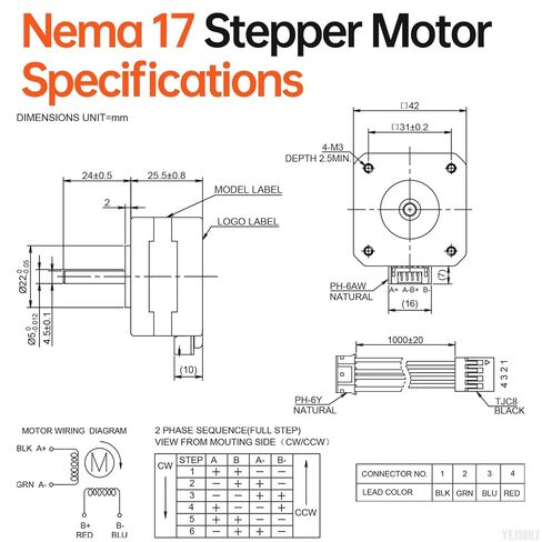 10Pack Nema 17 Stepper Motor 2 Phase 1.8‌°‌ 0.26Nm(36.82oz·in) High Torque Bipolar 26mm 2.0A 1.1Ω 4-Lead Shaft 24mm φ5mm 42 Stepper Motor Cable 1M for 3D Printer DIY Robot CNC Machine in Kuwait
