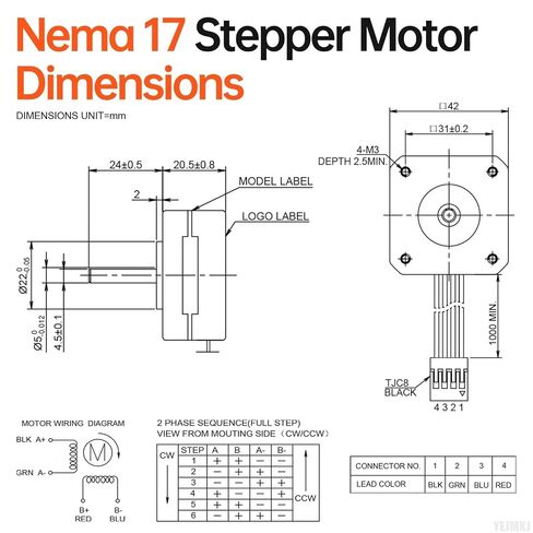 Nema 17 Stepper Motor 1.8‌°‌ 2 Phase High Torque 0.13Nm(18.41oz·in) Bipolar 42x21mm 1.0A 4.2Ω 4-Wire Shaft 24mm φ5mm 42 Pancake Stepper Motor Cable 1M for 3D Printer DIY Robot CNC Machine in Saudi Arabia