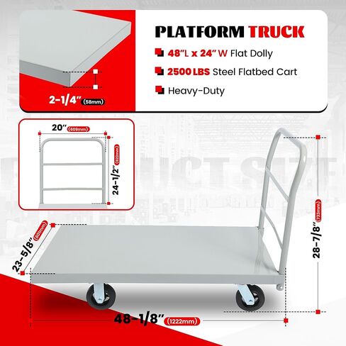 ECOTRIC Heavy-Duty Platform Truck Cart 2500 LBS Capacity Steel Flatbed Dolly Carts, 48" L x 24" W Hand Push Truck w/360 Degree Swivel Brake Wheel Movable Utility Push Cart for Luggage Moving, Shopping in Saudi Arabia