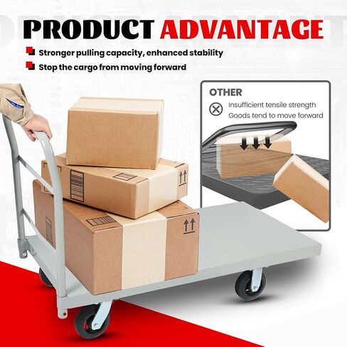 ECOTRIC Heavy-Duty Platform Truck Cart 2500 LBS Capacity Steel Flatbed Dolly Carts, 48" L x 24" W Hand Push Truck w/360 Degree Swivel Brake Wheel Movable Utility Push Cart for Luggage Moving, Shopping in Saudi Arabia