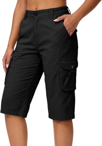 Cotton Capri Hiking Shorts Mid Rise Womens Cargo Shorts Casual Travel Outdoor Shorts with Multi-Pockets Elastic Waist in Kuwait