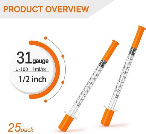 U-100 1ml 31 Gauge 1/2 Inch Syring, Individually Packed, PACK 25. in Kuwait
