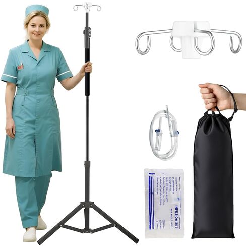 IV Pole Portable ، من 46 إلى 86 بوصة من التلسكوبية الرابع مع 4 IV حامل حقيبة تثبيت ترايبود الفولاذ المقاوم للصدأ التمديد القطب IV القطب مع أكياس ضخ المنظمين (أسود) in Kuwait