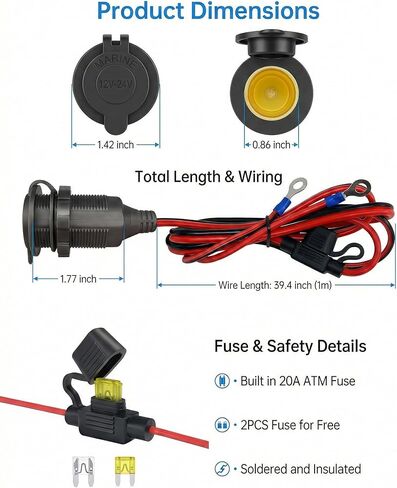 3FT 12V Fixed Thread Cigarette Lighter Socket Extension Cable, 12V Waterproof Outlet Socket Replacement 13AWG Heavy Duty Cable in Kuwait