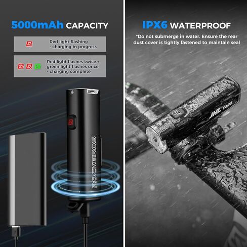 ROCKBROS مصباح أمامي للدراجة 1200 لومن 5000 مللي أمبير في الساعة USB-C من سبائك الألومنيوم القابلة لإعادة الشحن IPX6 مصباح LED مضاد للإبهار 360 درجة قابل للتعديل لركوب الدراجات على الطرق الجبلية الليلية in Saudi Arabia