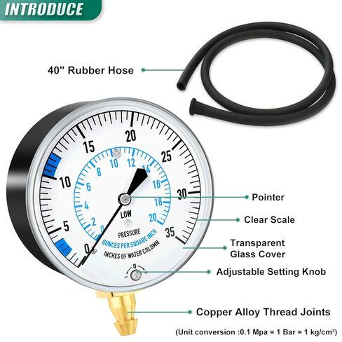 0-35" Natural Gas or LP Gas Manifold Pressure Test Kit, 1/8" NPT Fitting, 40" Feet Hose, Hex Bushing and Barbed Connection, for Kitchen and Industrial Equipment in Kuwait
